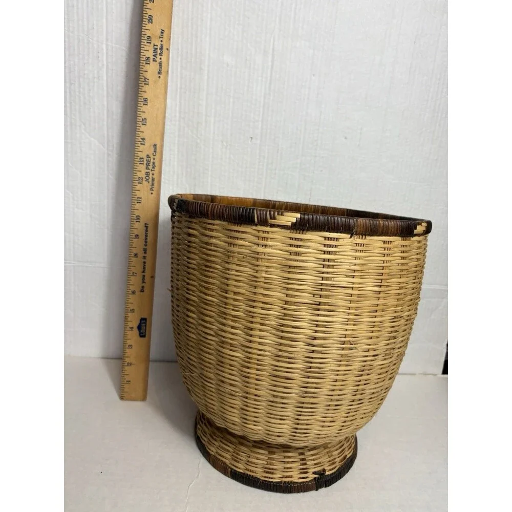 Vintage Pedestal Wicker Basket Planter Waste Basket Boho Rattan 11” Round